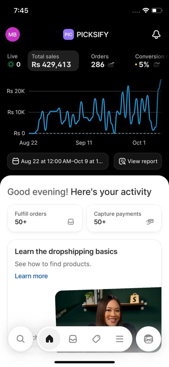 Shopify dashboard showing Rs 429,413 total sales and 286 orders