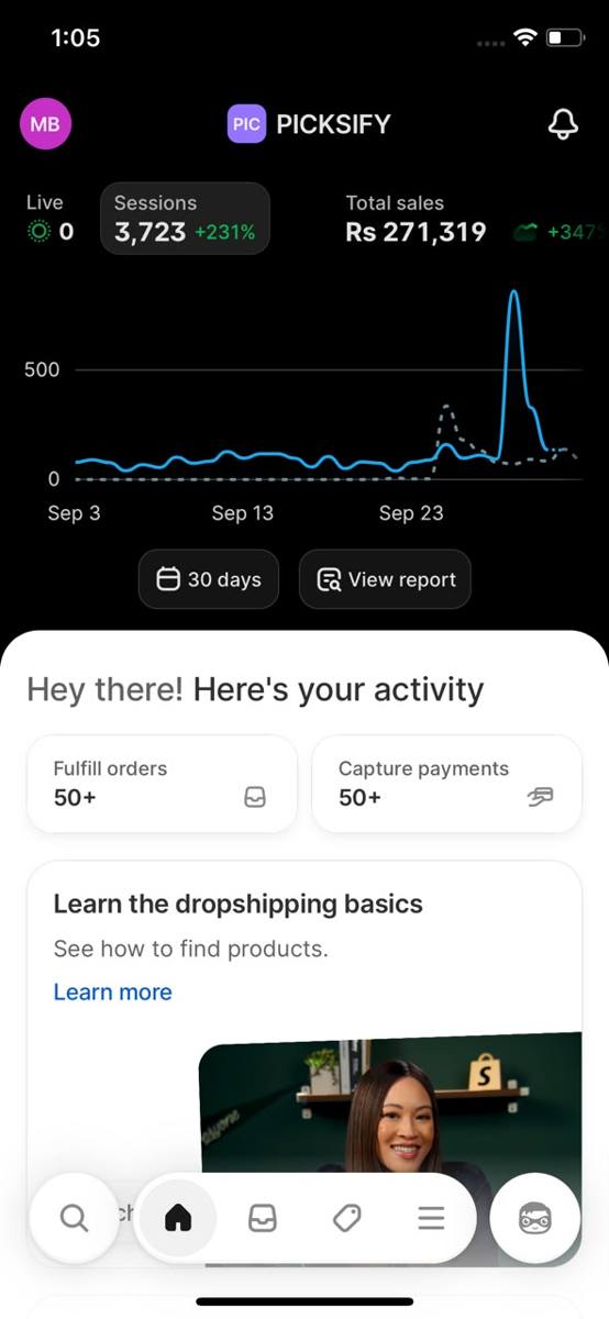 Shopify dashboard showing sessions up 231 percent